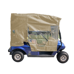 A blue golf cart with the number 17 on its side, equipped with a Formosa Covers Golf Cart Sun Shade UV Mesh Top Cover for an 80