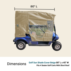 A Formosa Covers beige Golf Cart Sun Shade UV Mesh Top Cover, offering UVA/UVB protection and made from breathable fabric, is fitted onto a blue golf cart with an 80-inch long short roof designed to accommodate 4 seats. The cover dimensions are 80 inches in length and 45 inches in width. The side of the cart displays the number 