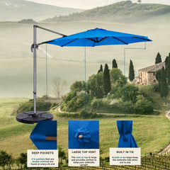 A 10ft Cantilever Supported Bar Umbrella from Formosa Covers, featuring a Capri Blue Olefin fabric canopy with 8 ribs, stands against a scenic backdrop of rolling green hills and a rustic building. Descriptions highlight the umbrella's deep pockets for added storage, a large top vent for improved airflow, and a built-in tie to secure it when not in use.