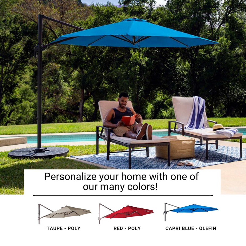 A person relaxes on a patio chair by a pool under a large Formosa Covers 10ft Cantilever Supported Bar Umbrella with an 8 Rib Replacement Canopy in Capri Blue Olefin fabric, reading a book. Another empty chair with a towel is next to them. Below the image is text offering color options for the UV-treated and water-resistant Formosa Covers umbrellas: taupe, red, and blue.