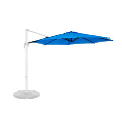 The Formosa Covers 10ft Cantilever Supported Bar Umbrella with an 8 Rib Replacement Canopy in Capri Blue Olefin features a sturdy gray base and stand. This umbrella opens and suspends horizontally, providing ample UV-treated shade coverage. The durable olefin fabric ensures longevity, while the stabilizing base keeps the umbrella securely in place. The image is set against a white background.