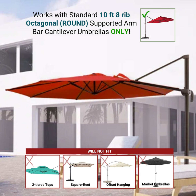 Image shows a large red octagonal cantilever umbrella set up by a pool near a modern white building. The Formosa Covers 10ft Cantilever Supported Bar Umbrella 8 Rib Replacement Canopy in Red is crafted from durable polyester fabric, treated to be UV-resistant and water-resistant. It fits standard 10 ft, 8 rib octagonal cantilever umbrellas only and excludes 2-tiered tops, square-rect, offset hanging, or market umbrellas.