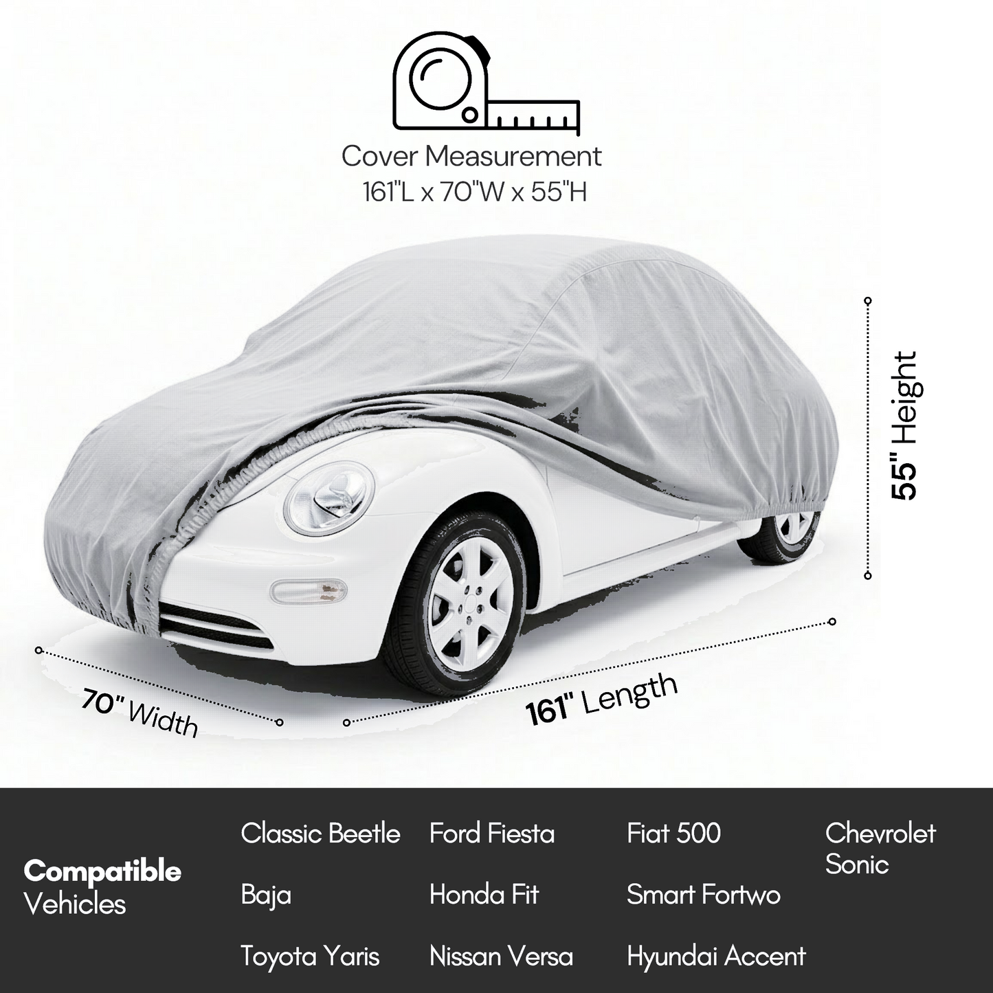 Volkswagen Beetle Car Cover | AmorGrid 200D Ripstop Silver | 5-Layer Waterproof UV Protection | VW Bug Cover Fits 161"L