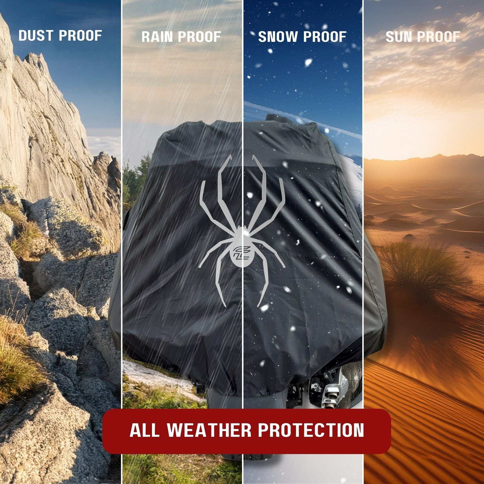 A promotional image showcasing the Formosa Covers Can-Am Spyder Touring Model Half Cover for RT and ST Limited (2020) in various weather conditions. The image is divided into four segments labeled "Dust Proof," "Rain Proof," "Snow Proof," and "Sun Proof," highlighting its UV-treated fabric and waterproof features. A red banner at the bottom reads, "All Weather Protection.