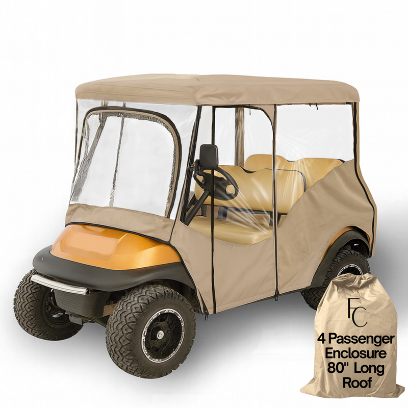 Taupe 4 passenger golf cart driving enclosure cover for 4 seater long roof 80 inches with clear windows and zippered doors