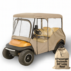 Taupe 4 passenger golf cart driving enclosure cover for 4 seater long roof 80 inches with clear windows and zippered doors