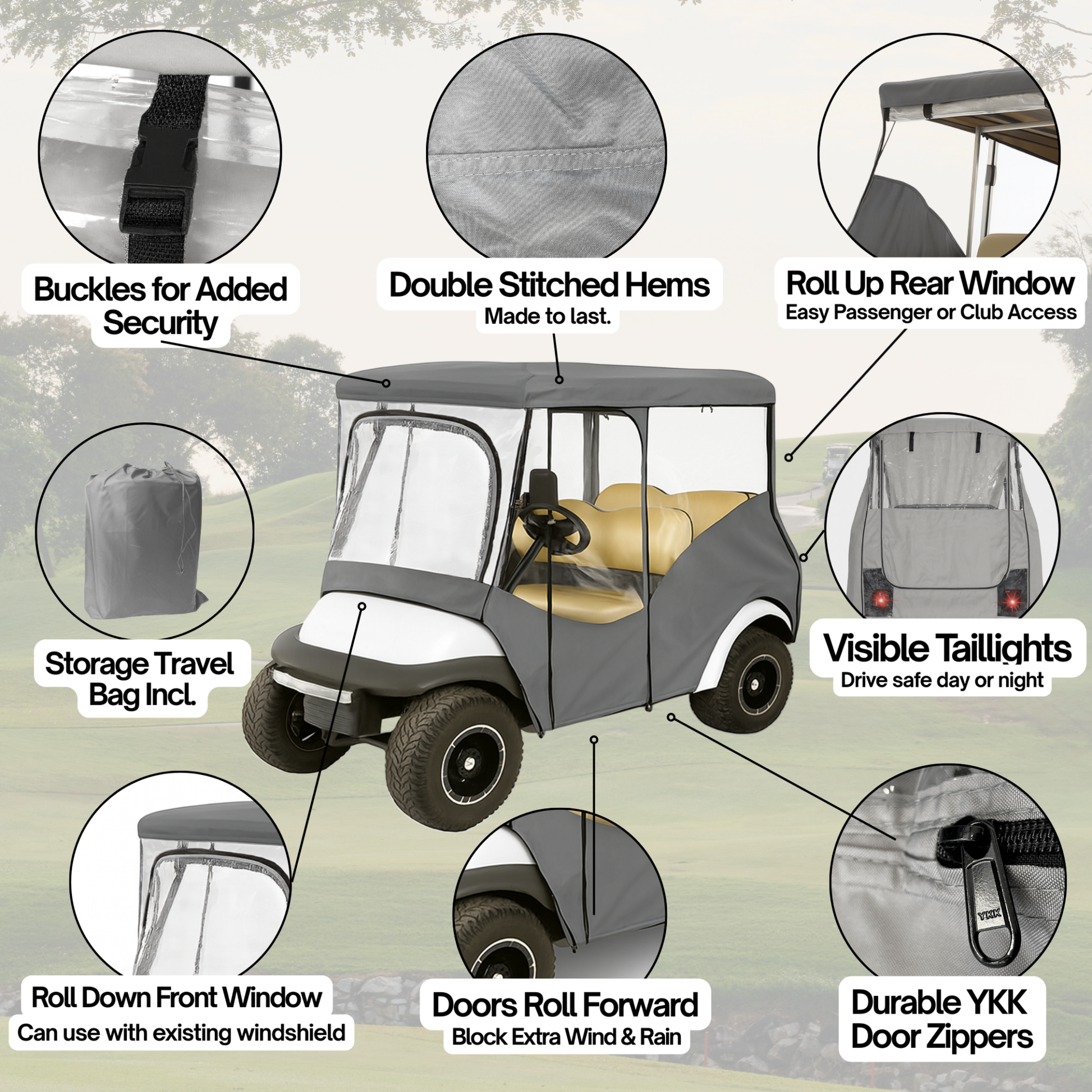 Golf cart cover with features highlighted on a green background

