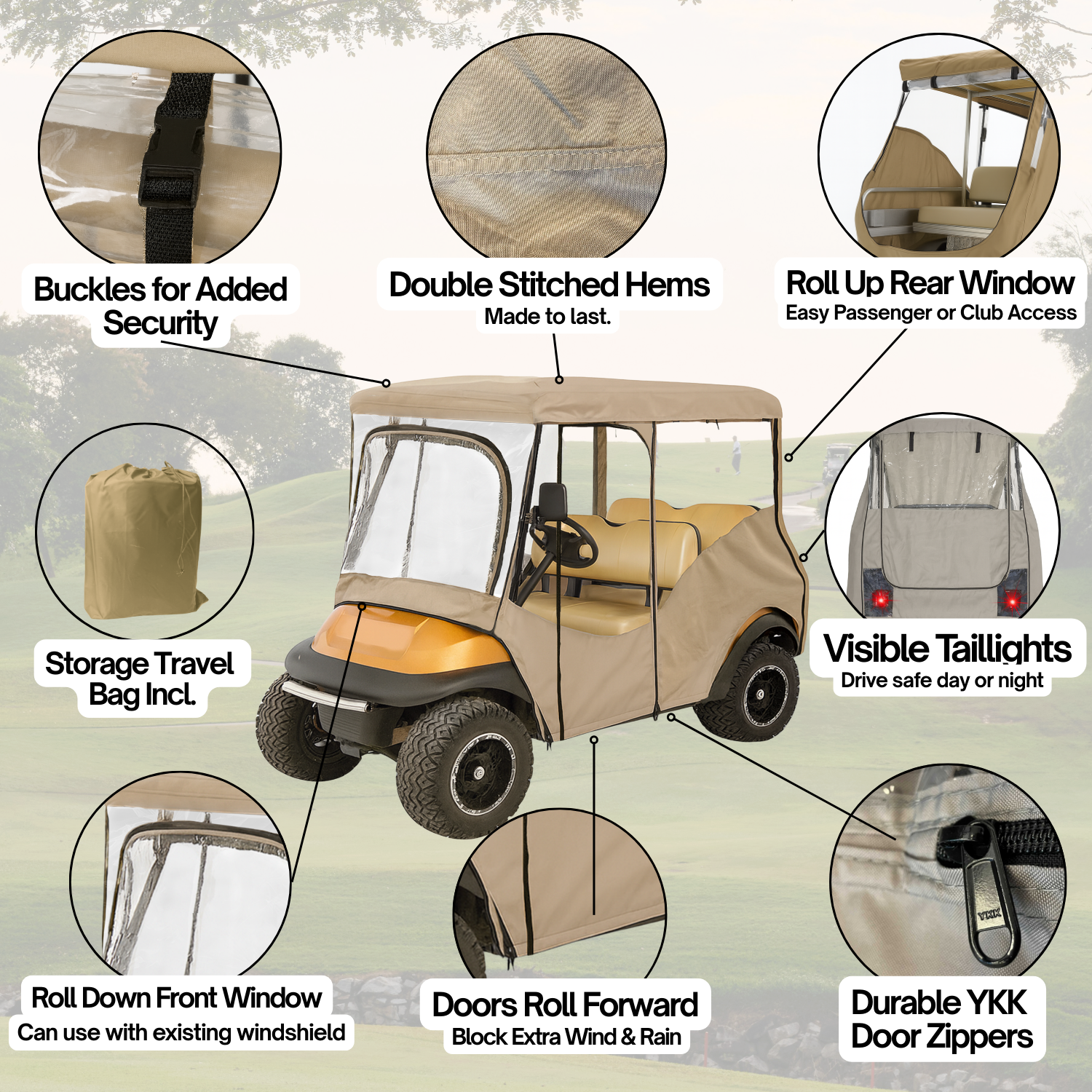 Golf cart cover with features highlighted on a green background

