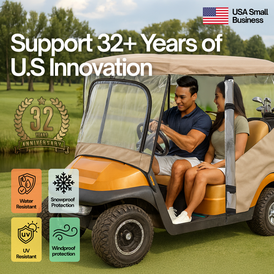 Two people in a golf cart on a golf course with promotional text about U.S. innovation and product features.

