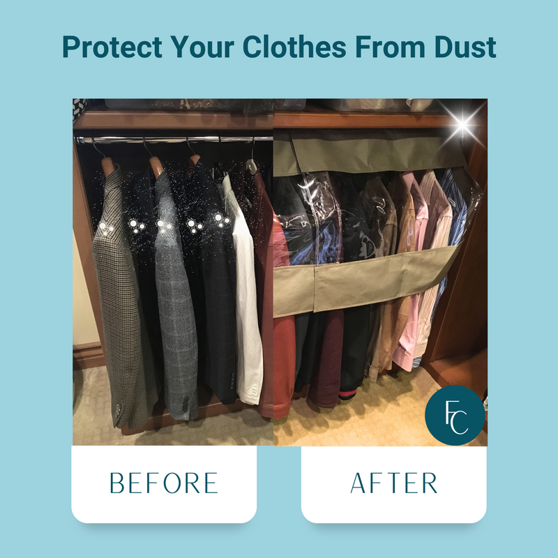 Split image of a wardrobe: The left side ('Before') shows clothes hanging exposed, while the right side ('After') displays clothes protected by the Formosa Covers Closet Rod and Portable Clothing Rack Shoulder Garment Dust Cover, which is adjustable to fit 26" to 48" long. The text at the top reads 'Protect Your Clothes From Dust' with a small logo in the bottom right.