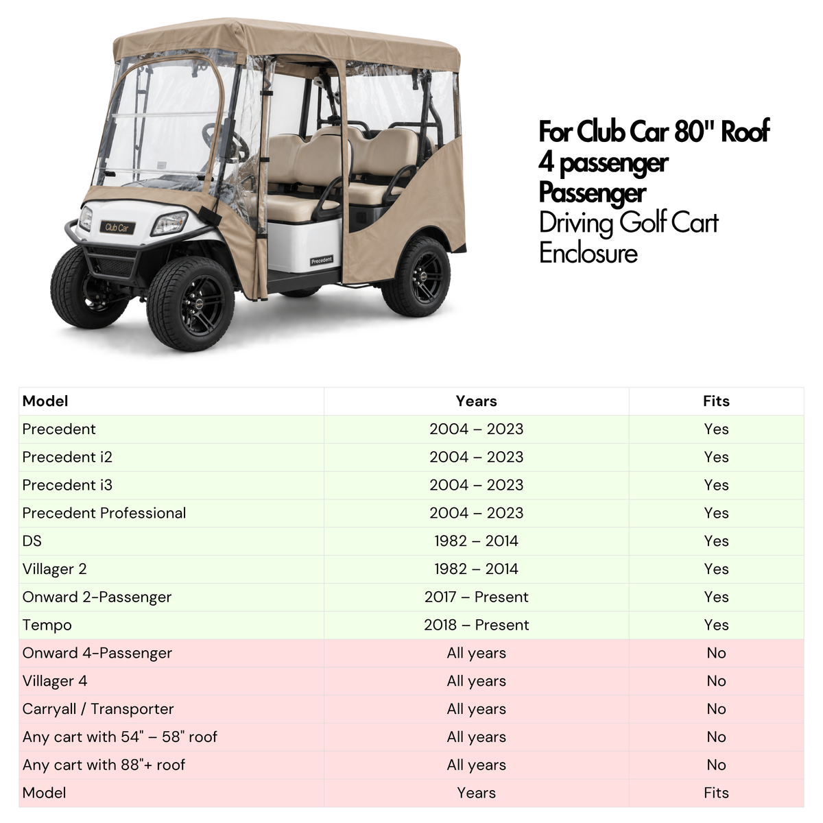 Club Car Golf Cart Enclosure, 4 Passenger Long Roof 80" [Fits Precedent, DS, Onward, Tempo]
