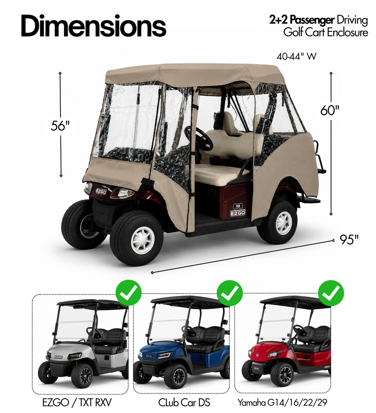 2+2 Passenger Golf Cart Driving Enclosure Cover (4 Passenger Short Roof 58") Taupe - Formosa Covers