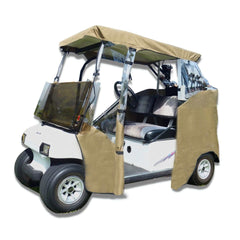 The Formosa Covers 2 Passenger 3 Sides Golf Cart Driving Enclosure Cover Open Front Taupe is fitted on a white 2-seater golf cart, providing coverage for both the roof and sides. The enclosure features see-through plastic panels for the windows and a roll-up door on the side, while inside, two padded seats offer comfort.