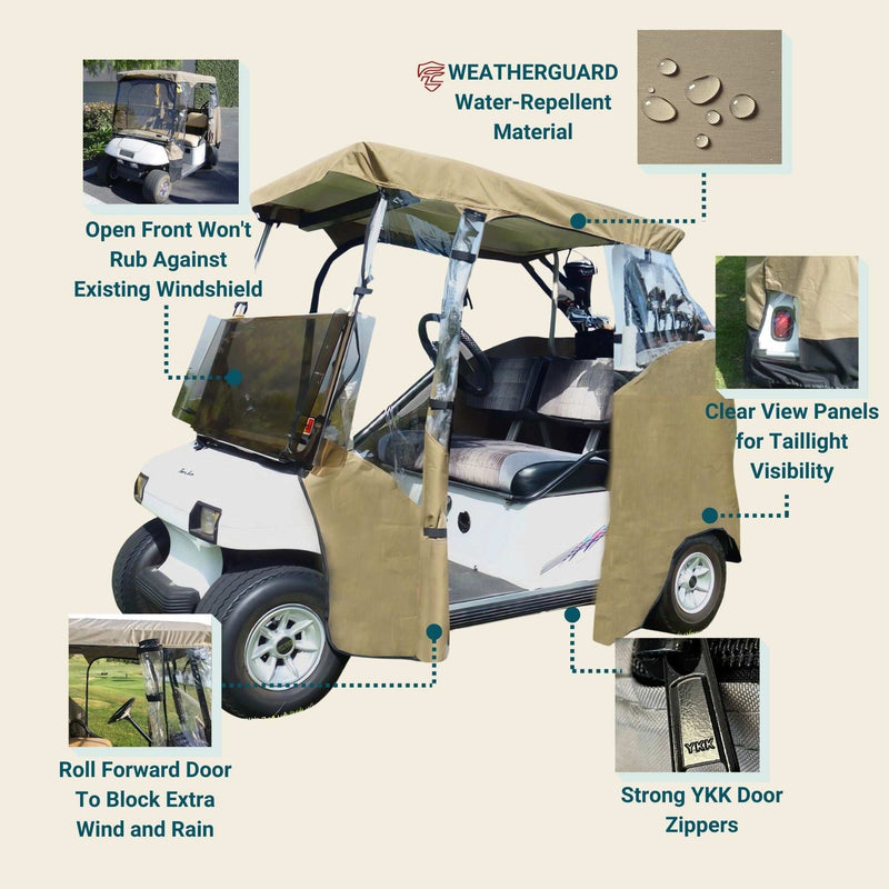 A white golf cart is fitted with a taupe Formosa Covers 2 Passenger 3 Sides Golf Cart Driving Enclosure Cover Open Front. The cover features clear view panels for taillight visibility, strong YKK door zippers, a roll-forward door for wind and rain protection, and an open front windshield design. Water droplets highlight the material's waterproof nature.