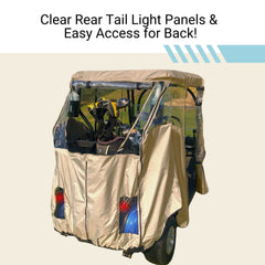 A taupe 2 Passenger 3 Sides Golf Cart Driving Enclosure Cover Open Front by Formosa Covers is showcased on a beige golf cart, emphasizing its transparent rear tail light panels for enhanced visibility. This cover is designed to offer protection and easy access to the back area while maintaining optimal functionality. The golf cart is placed against a green lawn backdrop.