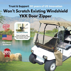 Image of a taupe 2-passenger golf cart with a clear windshield parked on a lush green golf course near a serene lake. Text overlay highlights features: 