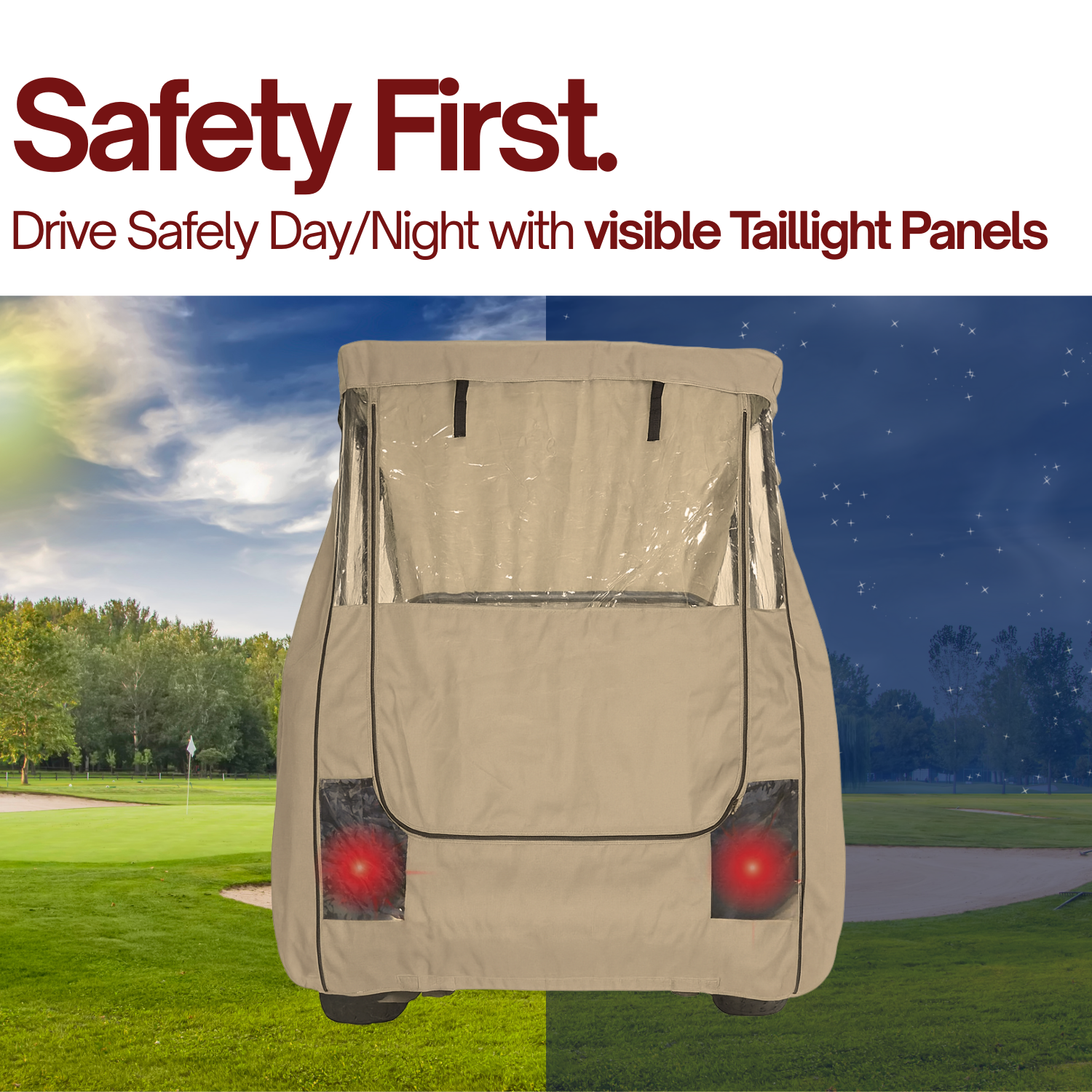 Golf cart cover with visible taillight panels on a golf course during day and night.

