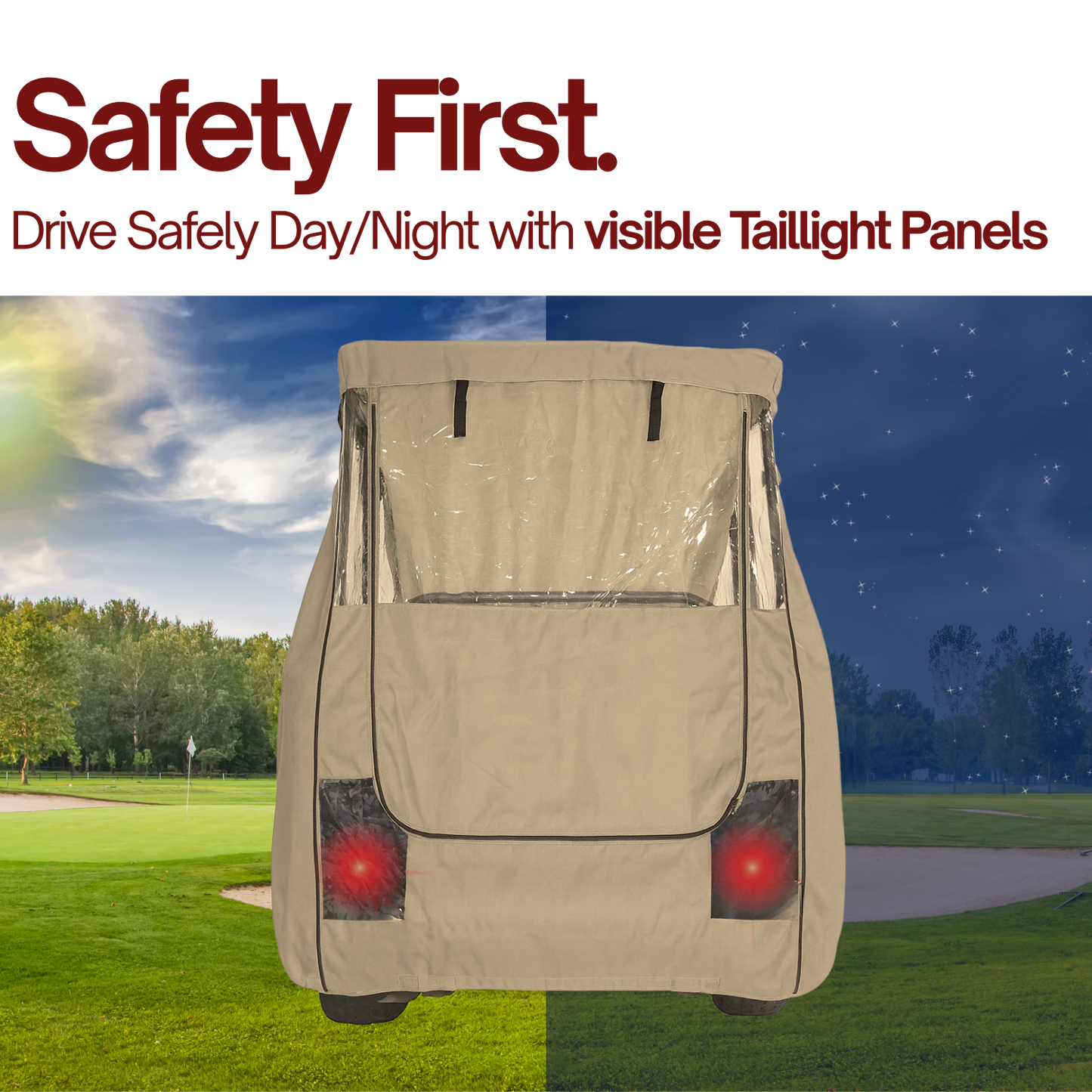 Golf cart cover with visible taillight panels on a golf course during day and night.

