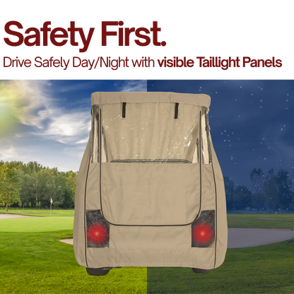 Golf cart cover with visible taillight panels on a golf course during day and night.

