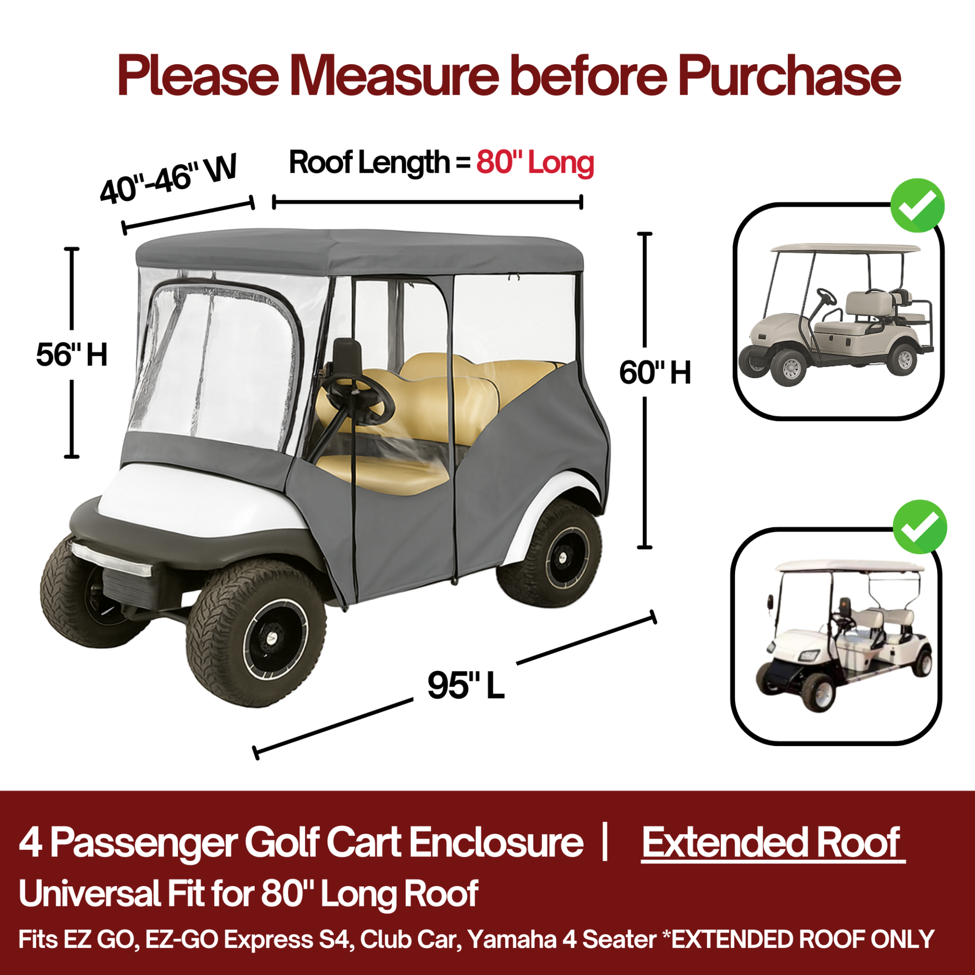 Golf cart enclosure with dimensions and fit information on a red background


