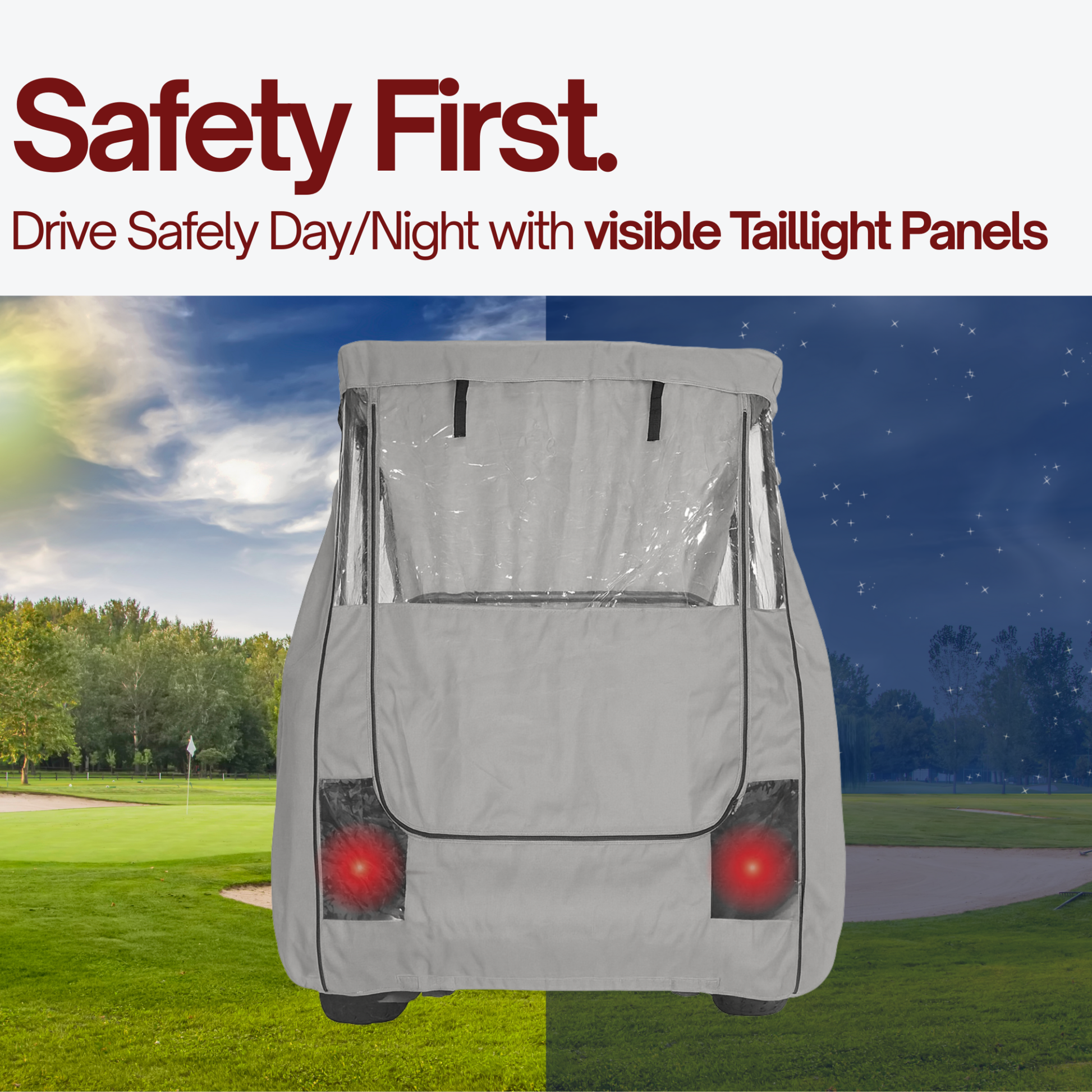 Golf cart with a cover displaying 'Safety First' text on a split day and night sky background.

