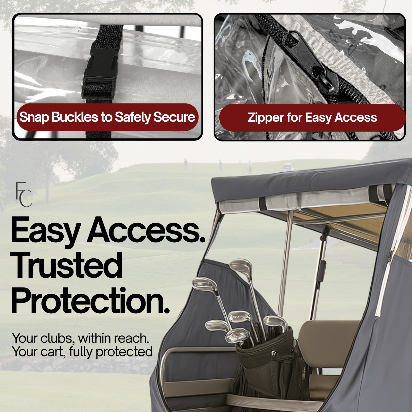 Golf cart with golf club bag and protective cover, featuring snap buckles and zipper for easy access.

