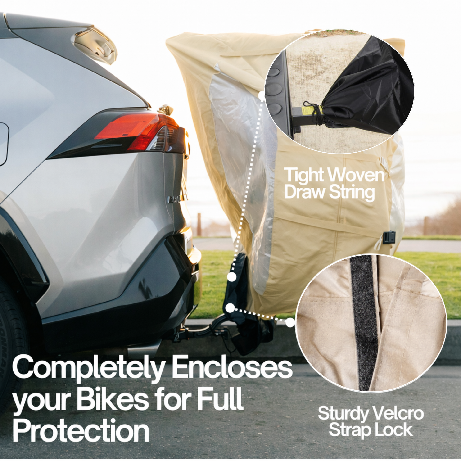 Dual Bike Rack Cover For Transport (Fits 1-2 Bicycles) Large Translucent Ends with License Plate Holder - SAND COLOR - Formosa Covers