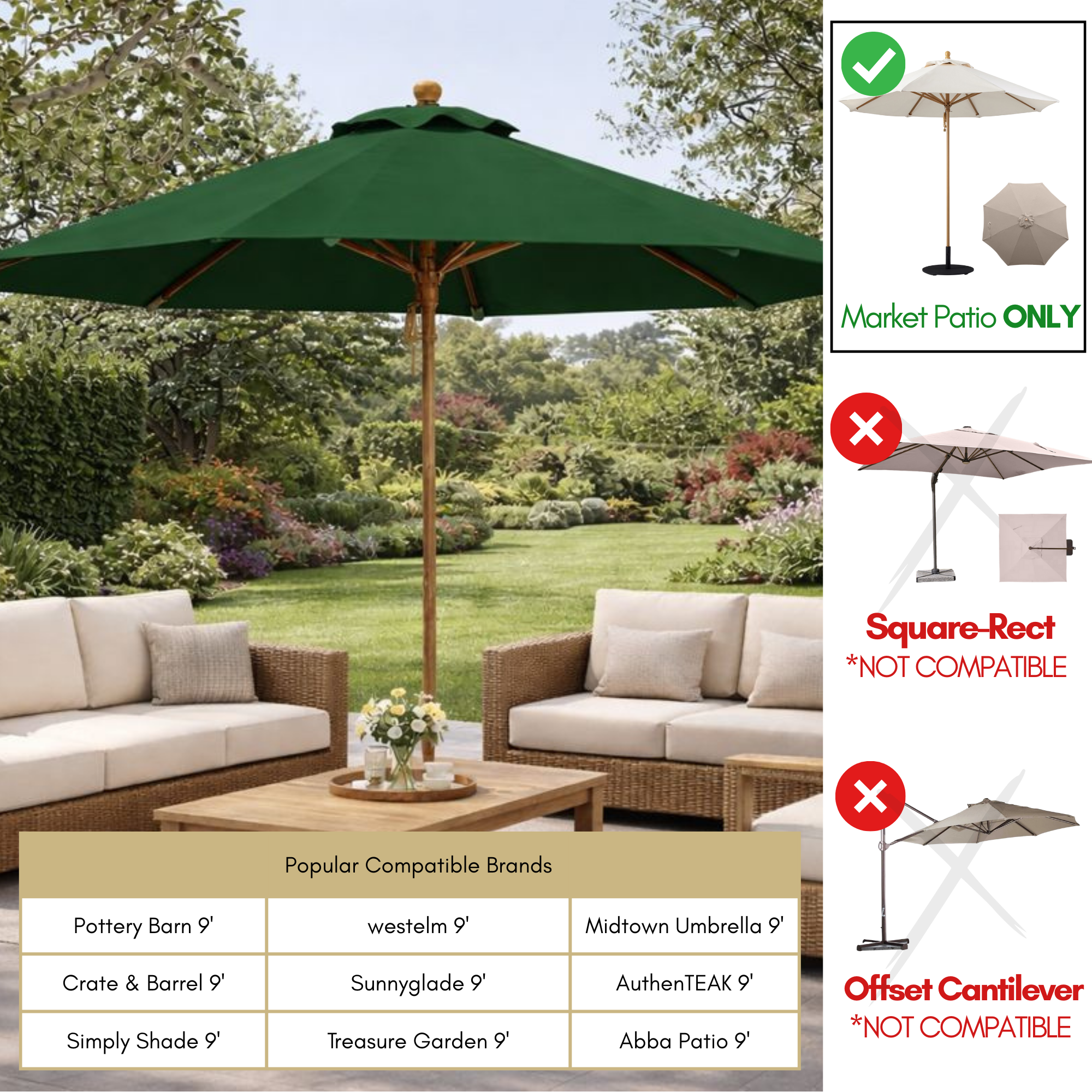 9ft Market Patio Umbrella 8 Rib Replacement Canopy Hunter Green - Formosa Covers