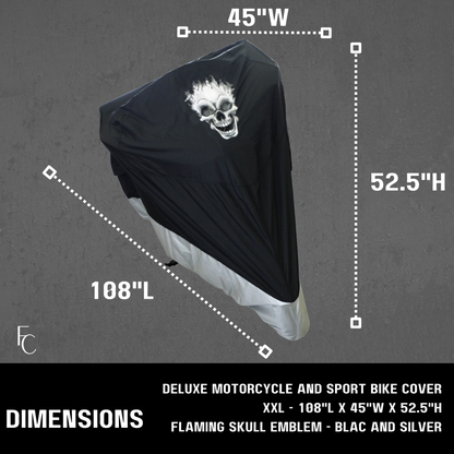 Deluxe Light Weight Motorcycle Cover with Flaming Skull Logo - Fits up to 108"L (XXL) - Formosa Covers