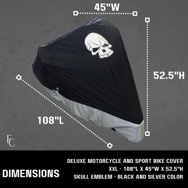 XXL light weight motorcycle cover with skull logo, black and silver, dimensions 108"L x 45"W x 52.5"H.