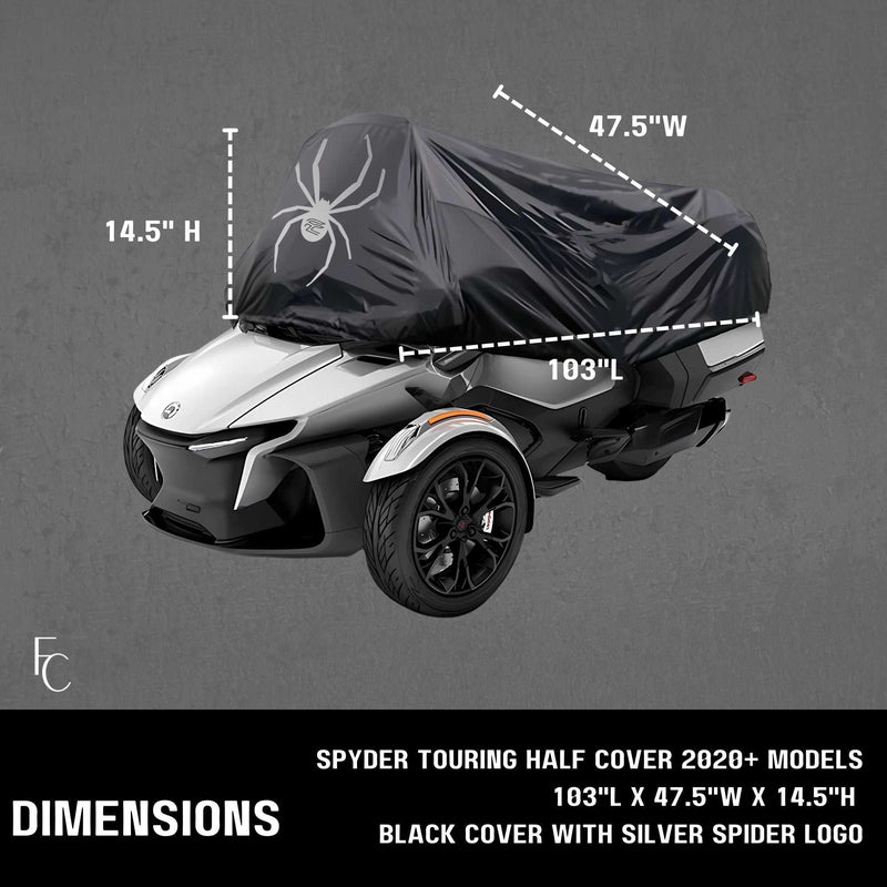 A three-wheeled Can-Am Spyder RT motorcycle, specifically a Touring model, is partially covered with a Formosa Covers black UV treated fabric half-cover featuring a silver spider logo. The image includes dimensions: 103 inches long, 47.5 inches wide, and 14.5 inches high. The product name is Can-Am Spyder Touring Model Half Cover for RT and ST Limited (2020).