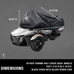 A three-wheeled Can-Am Spyder RT motorcycle, specifically a Touring model, is partially covered with a Formosa Covers black UV treated fabric half-cover featuring a silver spider logo. The image includes dimensions: 103 inches long, 47.5 inches wide, and 14.5 inches high. The product name is Can-Am Spyder Touring Model Half Cover for RT and ST Limited (2020).