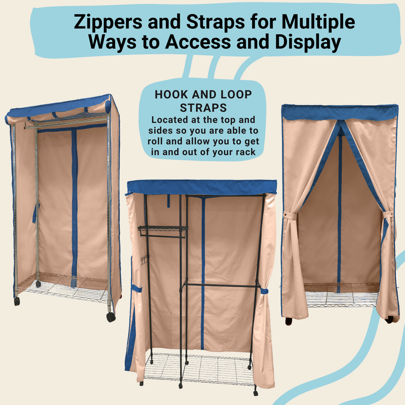 A diagram showcases the Formosa Covers Portable Garment Rack Cover, measuring 36"W x 16"D x 76"H, in khaki with dusty blue trim. The cover is made of durable polyester fabric and features multiple access points using zippers and hook-and-loop straps. Text highlights the versatility of these access points for easy entry and display of clothes.