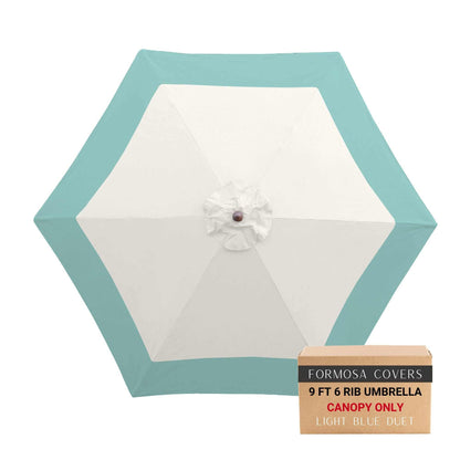 9ft market patio umbrella replacement canopy in white with light blue band, 6 ribs, duet collection.