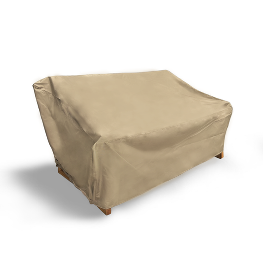 Patio loveseat bench cover in classic taupe, mildew and water resistant with Velcro ties.