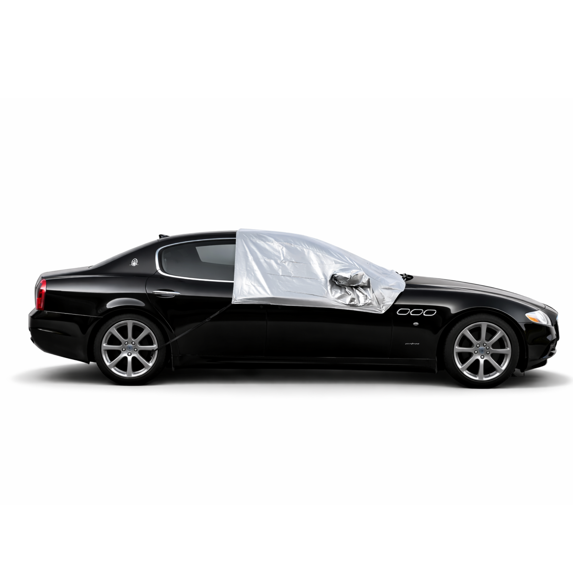 Windshield sun shade half top cover on gray large car for snow and ice protection