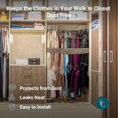 Image of a tidy walk-in closet with hanging clothes protected by a clear Formosa Covers Closet Rod and Portable Clothing Rack Shoulder Garment Dust Cover, adjustable to fit 26