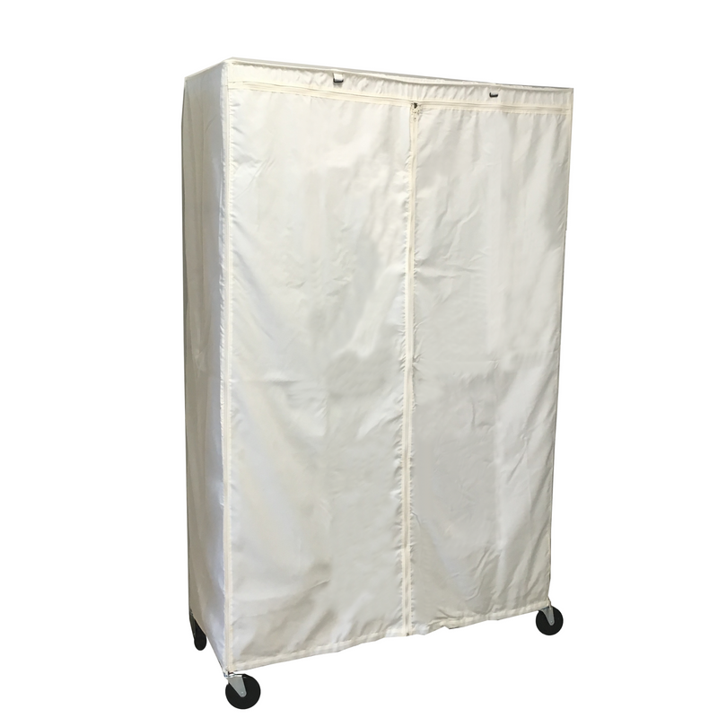 The Formosa Covers Storage Shelving Unit Cover is designed to fit racks measuring 48"W x 18"D x 72"H in an off-white hue. It features a water-repellent polyester fabric and is equipped with four black wheels for easy mobility. A central vertical zipper allows for convenient access, offering a simple yet functional design.