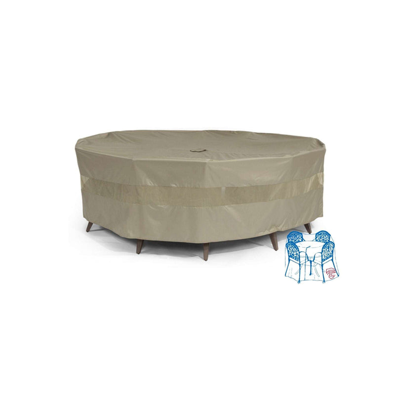 The Classic Taupe Patio Set Cover by Formosa Covers, made from UV-treated polyester, elegantly fits over a round patio set. It stretches down to the legs, highlighting seam details and a convenient handle on top. In the bottom right corner, there's a subtle illustration suggesting the availability of matching mildew-resistant chair covers.