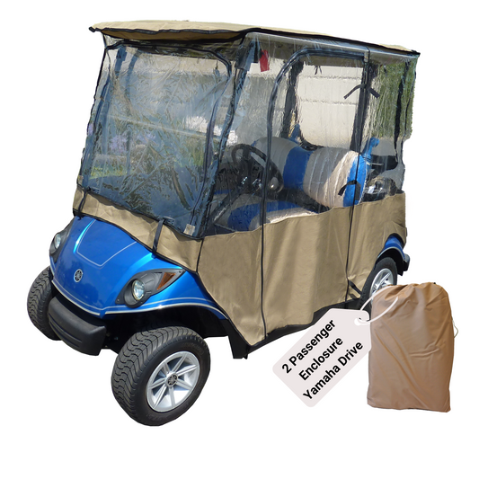 A blue Yamaha Drive golf cart is shown equipped with a beige, heavy-duty vinyl enclosure from Formosa Covers, covering the passenger area. The transparent enclosure allows visibility inside. A matching beige storage bag labeled "2 Passenger Golf Cart Driving Enclosure Cover Exclusive for Yamaha Drive Model" is placed next to the cart.