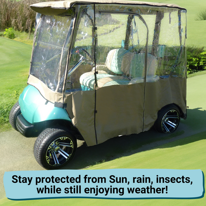 A Yamaha Drive golf cart, fitted with a Formosa Covers-exclusive 2 Passenger Golf Cart Driving Enclosure Cover made of heavy-duty vinyl and featuring transparent sides with beige fabric, is parked on a golf course. The caption reads: "Stay protected from sun, rain, insects while still enjoying the weather!" The cart is near green grass and golfing equipment.