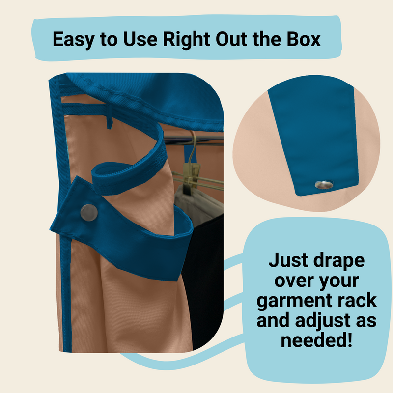 A close-up of the Portable Garment Rack Cover, 36"W x 16"D x 76"H, in khaki with dusty blue trim from Formosa Covers. The main image shows it draped over a garment rack, while an inset highlights a snap closure detail. Text reads "Easy to Use Right Out the Box" and "Just drape over your garment rack and adjust as needed!