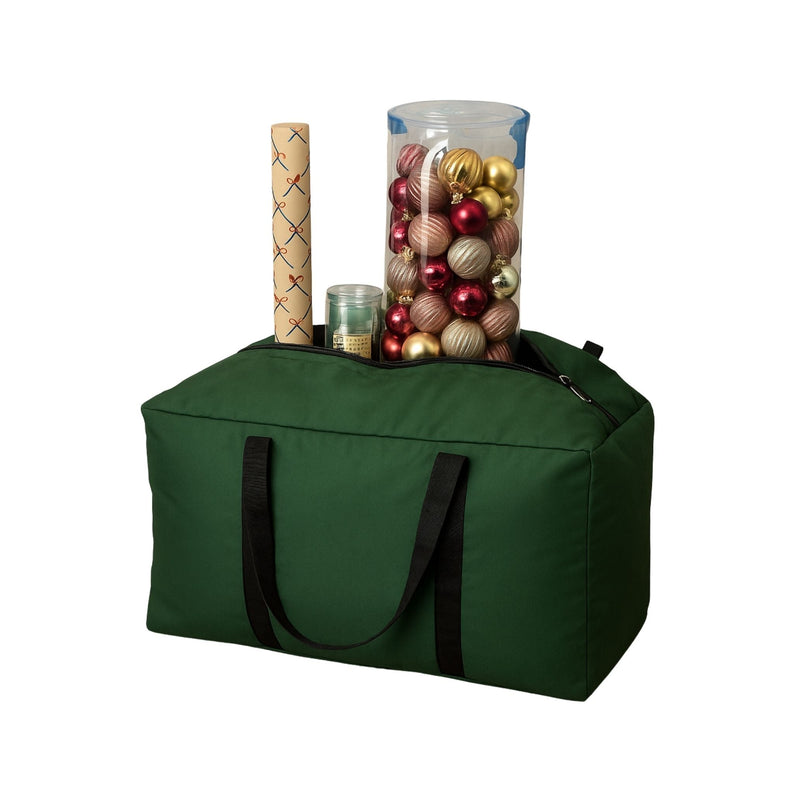 Hunter green utility storage bag with reinforced handles and full-length zipper for indoor and outdoor use, perfect for holiday decorations and seasonal storage.