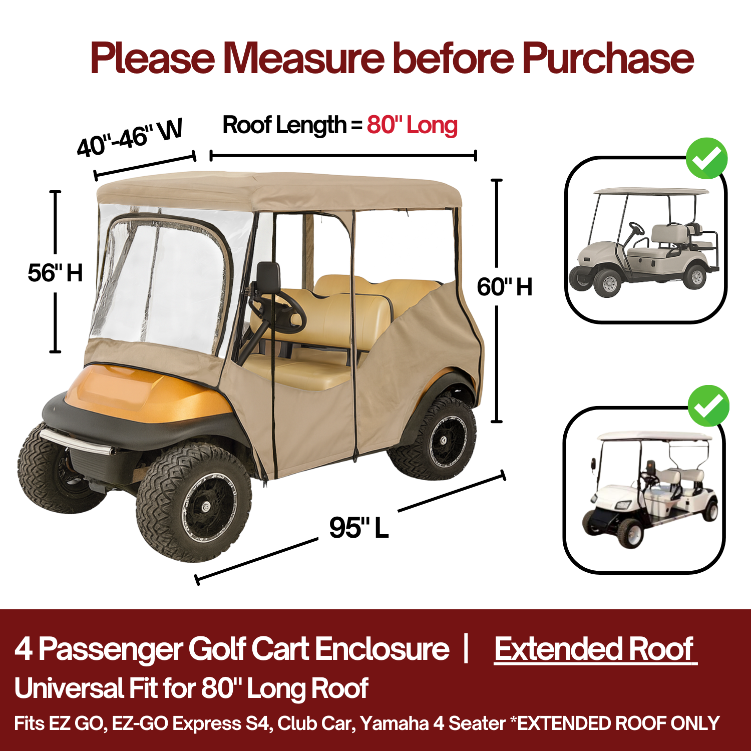 Measurement chart for a 4-passenger golf cart enclosure with extended roof, showing dimensions and fit information.

