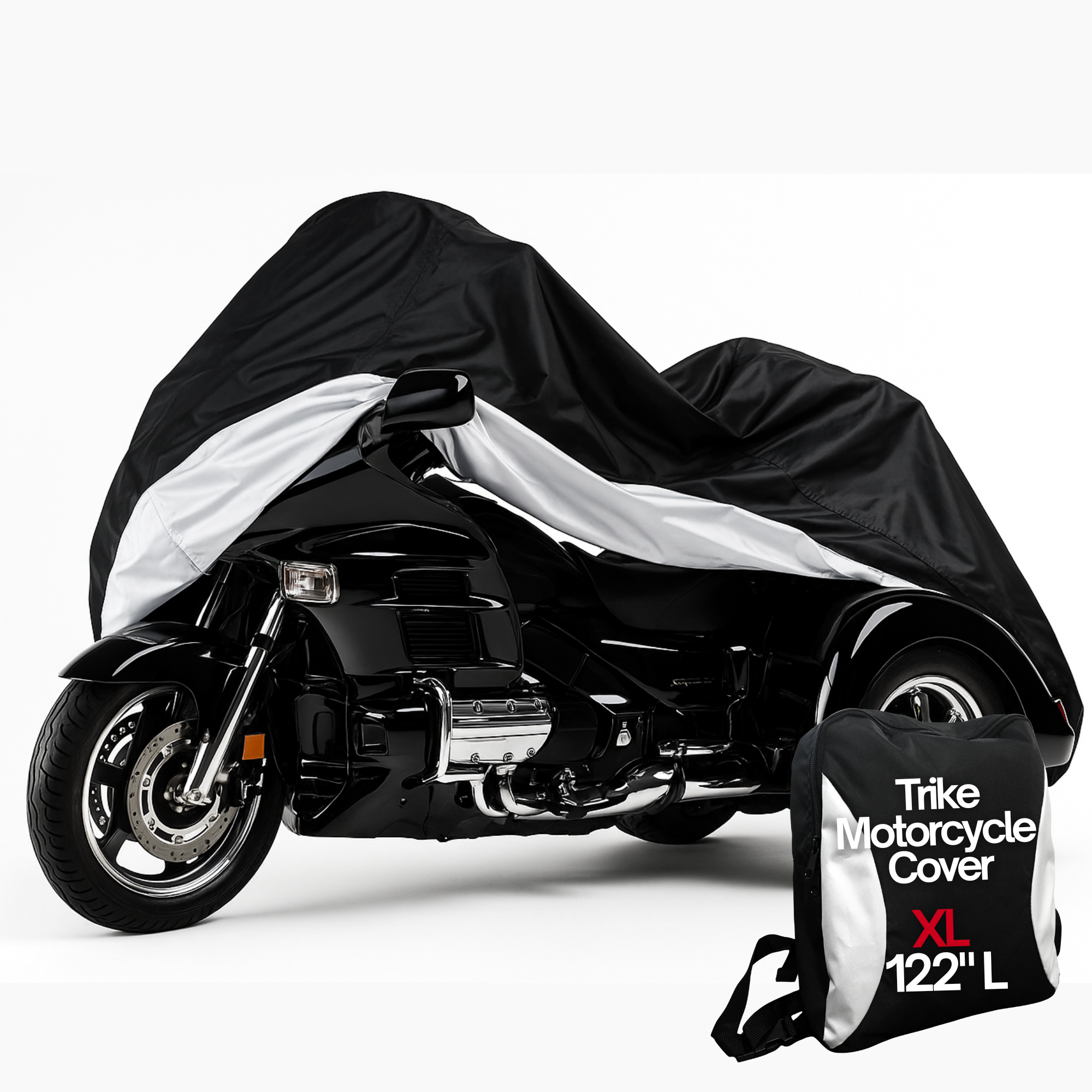 Black and silver heavy duty motor trike cover on three-wheeled motorcycle with storage bag and XL size text