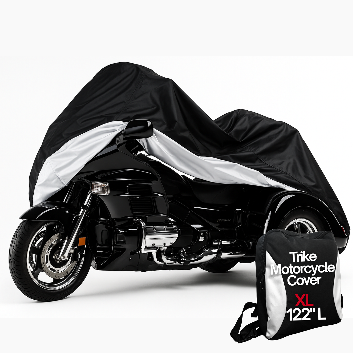 Black and silver heavy duty motor trike cover on three-wheeled motorcycle with storage bag and XL size text