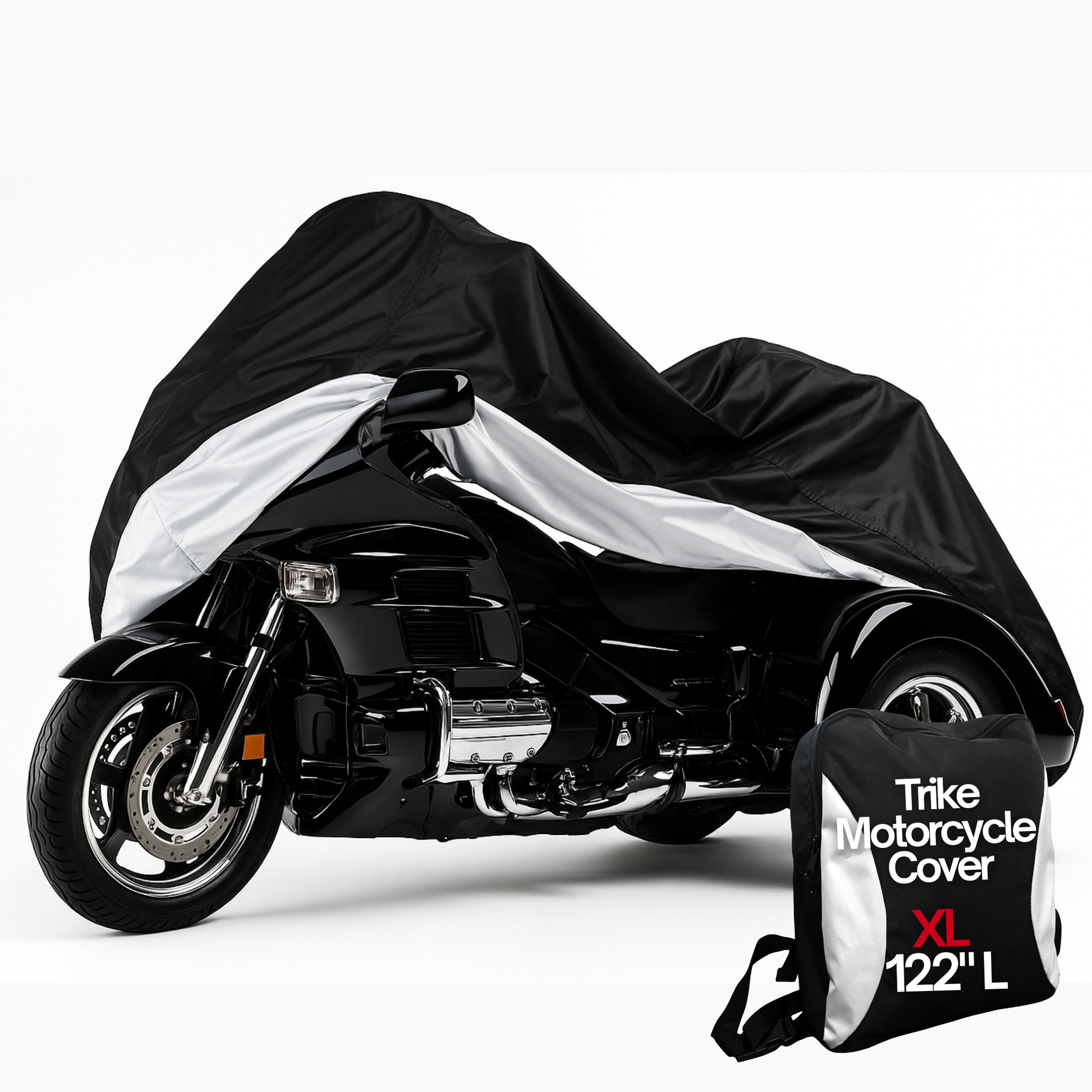 Black and silver heavy duty motor trike cover on three-wheeled motorcycle with storage bag and XL size text
