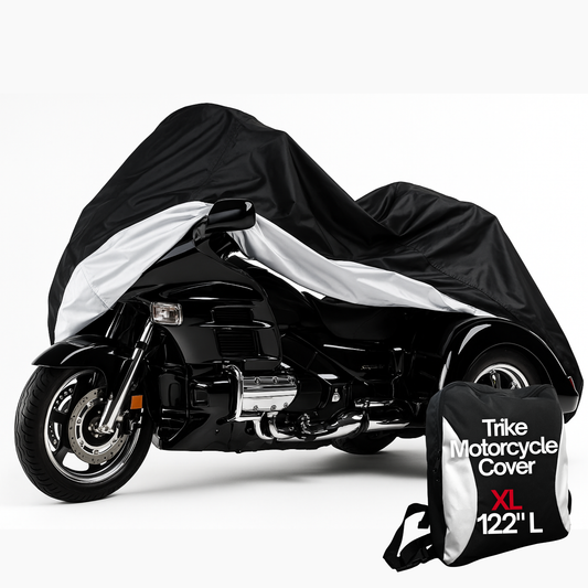 Black and silver heavy duty motor trike cover on three-wheeled motorcycle with storage bag and XL size text