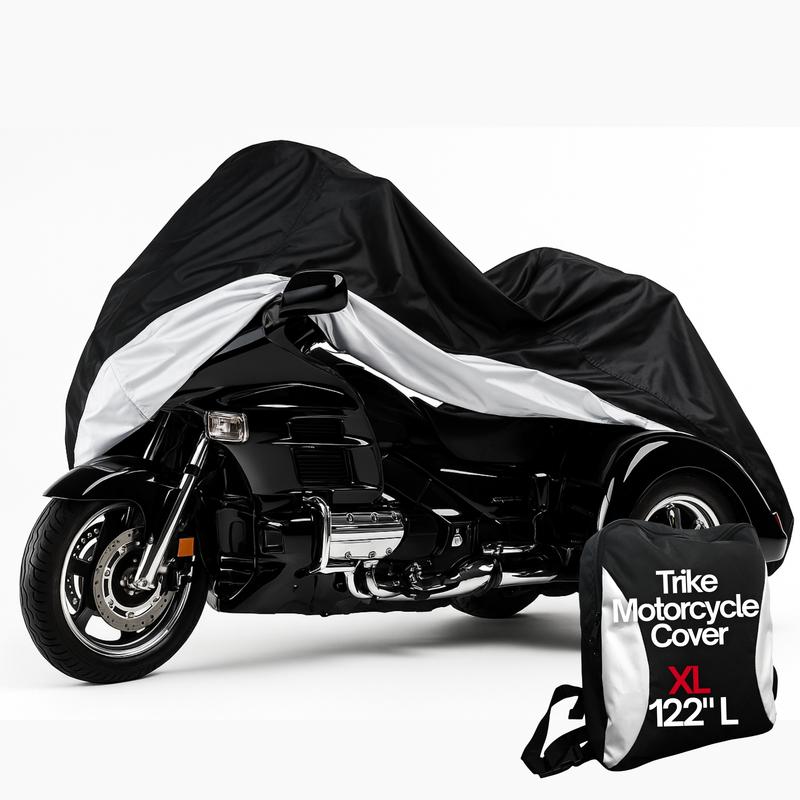 Black and silver heavy duty motor trike cover on three-wheeled motorcycle with storage bag and XL size text