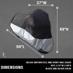 A black and silver heavy duty motorcycle cover, the 